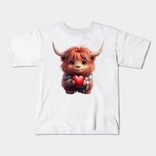 Valentine Highland Cow Holding Heart Kids T-Shirt